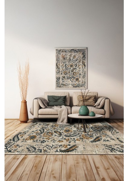 Vintage Halı Göbekli Çiçek Motifli Bej Klasik Dijital Şönil Halı