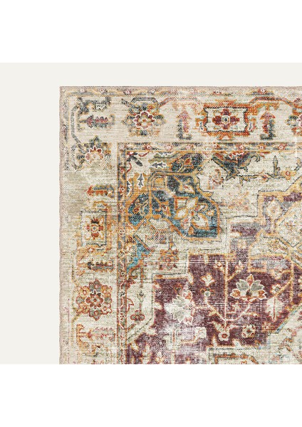Mor ve Bej Tonlarında Heriz Desenli Zarif Eskitilmiş Vintage Dijital Şönil Halı