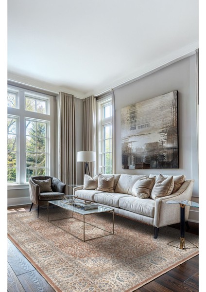 Bej ve Kahverengi Vintage Çiçek Motifli Anadolu Halısı Dijital Şönil Halı