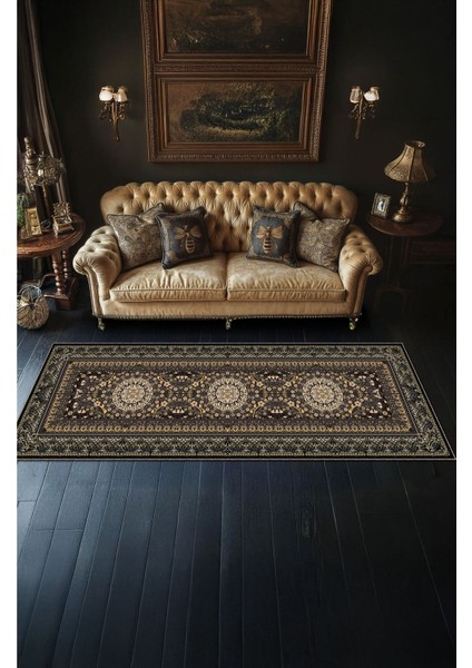Vintage Halı Modern Motifli Antrasit Yeşil ve Bej Göbek Desenli Dijital Şönil Halı modelleri