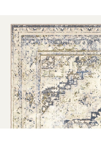 Mavi ve Bej Eskitme Vintage Halı Oushak Tarzı Dijital Şönil Halı