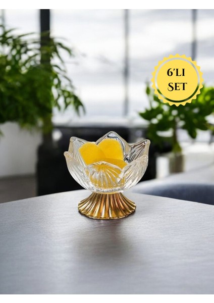 Lotus Çiçeği Gold Metal Ayaklı Cam Lokumluk Drajelik Seti – 6 Adet