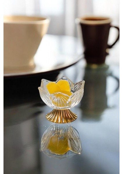 Lotus Çiçeği Gold Metal Ayaklı Cam Lokumluk Drajelik Seti – 6 Adet modelleri