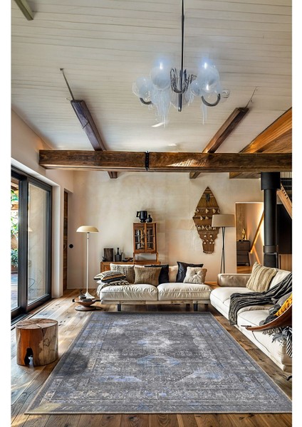Gri ve Mavi Tonlarda Eskitilmiş Geometrik Vintage Dijital Şönil Halı