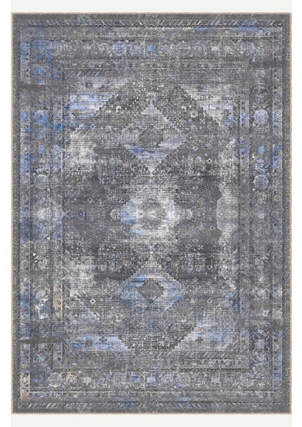 Gri ve Mavi Tonlarda Eskitilmiş Geometrik Vintage Dijital Şönil Halı fiyatları