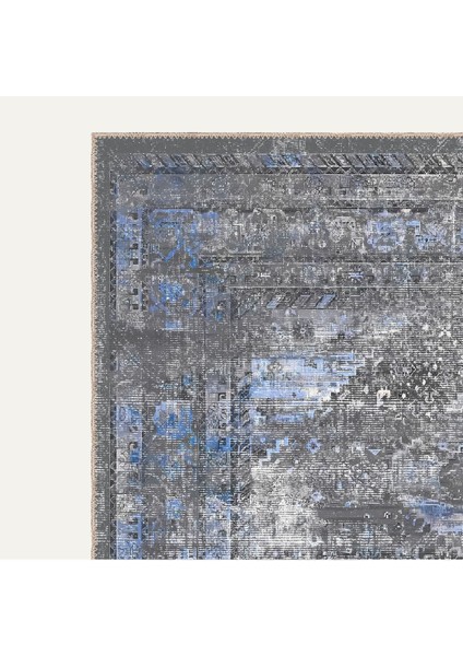 Gri ve Mavi Tonlarda Eskitilmiş Geometrik Vintage Dijital Şönil Halı modelleri