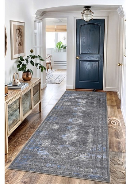 Gri ve Mavi Tonlarda Eskitilmiş Geometrik Vintage Dijital Şönil Halı fırsatları