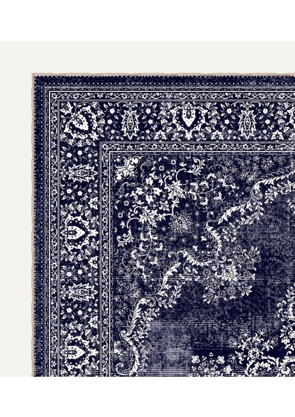 Lacivert ve Beyaz Vintage Geleneksel Dijital Şönil Halı - Yıkanabilir ve Şık modelleri