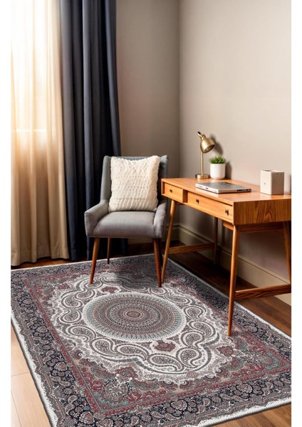 Kırmızı, Mavi ve Beyaz Vintage Modern Salon Halısı, Dokuma Taban Dekoratif Şönil Yıkanabilir Halı