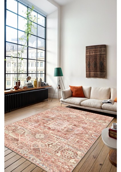 Kızıl ve Bej Tonlarında Geometrik Kilim Motifli Vintage Dijital Şönil Halı