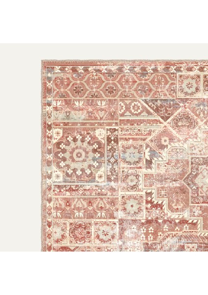 Kızıl ve Bej Tonlarında Geometrik Kilim Motifli Vintage Dijital Şönil Halı modelleri