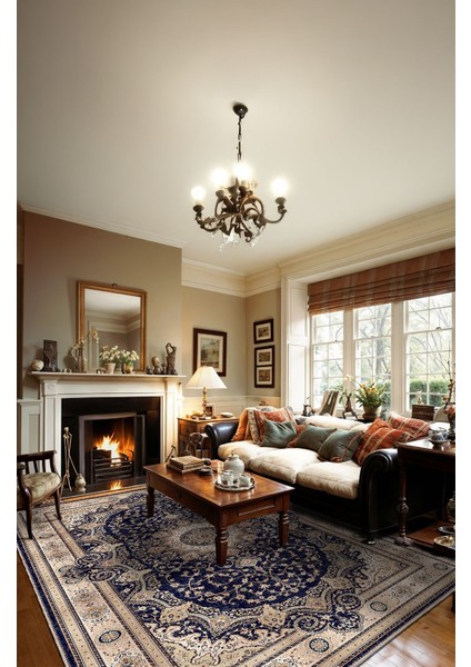 Lacivert ve Krem Tonlarında Klasik Iran Desenli Halı Dijital Şönil Halı