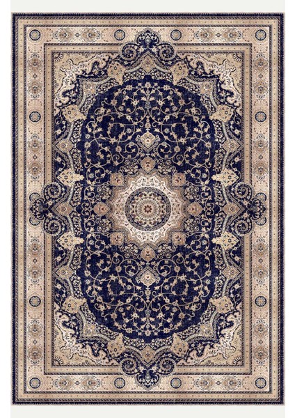 Lacivert ve Krem Tonlarında Klasik Iran Desenli Halı Dijital Şönil Halı fiyatları