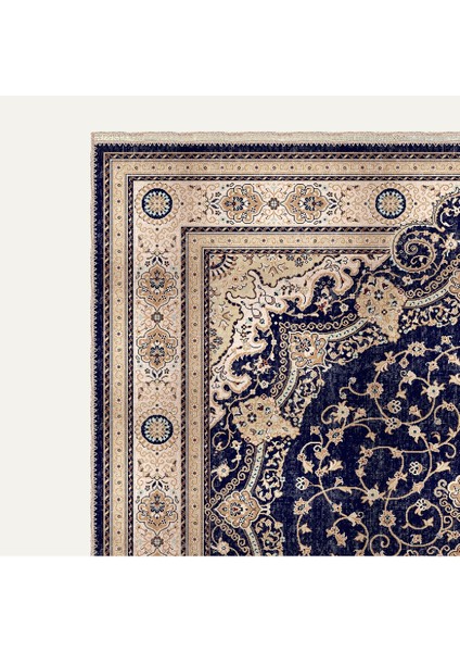 Lacivert ve Krem Tonlarında Klasik Iran Desenli Halı Dijital Şönil Halı modelleri