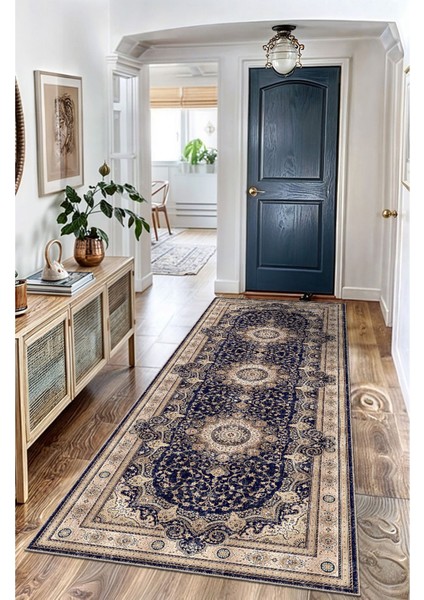 Lacivert ve Krem Tonlarında Klasik Iran Desenli Halı Dijital Şönil Halı fırsatları