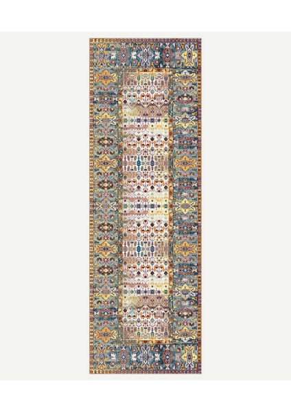 Vintage Halı Modern Motifli Turuncu Mavi Bej Kilim Desenli Dijital Şönil Halı indirimleri