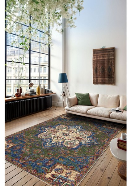 Vintage Halı Modern Motifli Yeşil ve Mavi Klasik Çiçek Desenli Dijital Şönil Halı