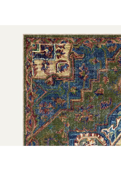 Vintage Halı Modern Motifli Yeşil ve Mavi Klasik Çiçek Desenli Dijital Şönil Halı modelleri