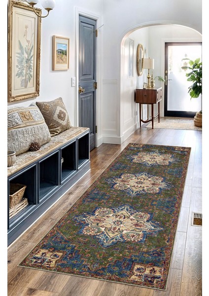 Vintage Halı Modern Motifli Yeşil ve Mavi Klasik Çiçek Desenli Dijital Şönil Halı fırsatları