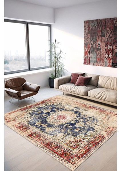 Lacivert ve Krem Tonlarında Floral Motifli Vintage Dijital Şönil Halı