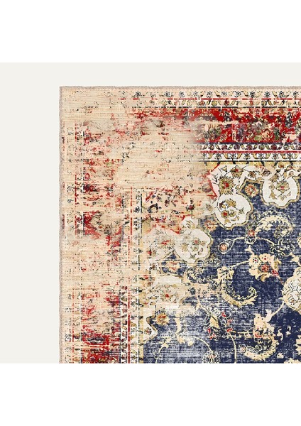Lacivert ve Krem Tonlarında Floral Motifli Vintage Dijital Şönil Halı modelleri