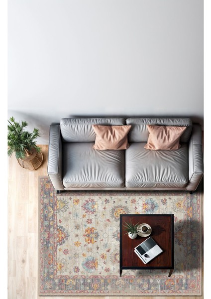 Canlı Çiçek Motifli Dijital Baskılı Şönil Halı - Yıkanabilir ve Modern Vintage