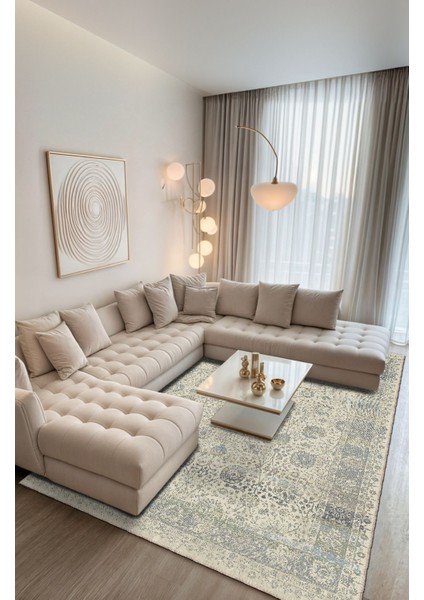 Sade ve Şık Vintage Desenli Bej Renkli Salon Halısı ve Yolluk , Dokuma Taban Dekoratif Şönil Halı