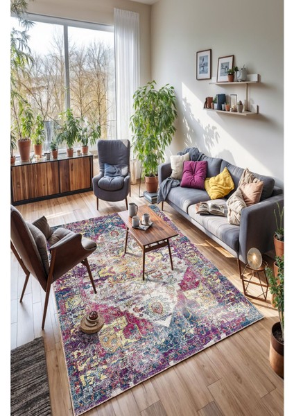 Canlı Renkli Geleneksel Motiflerle Modern Vintage Salon Halısı, Dokuma Taban Dekoratif Şönil Halı