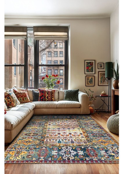 Vintage Halı Modern Motifli Turuncu Mavi Bej Kilim Desenli Dijital Şönil Halı