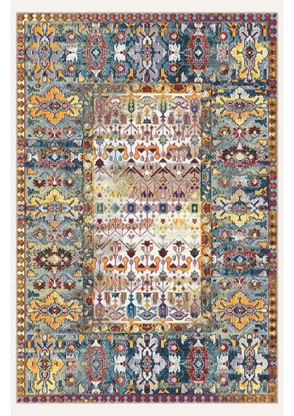 Vintage Halı Modern Motifli Turuncu Mavi Bej Kilim Desenli Dijital Şönil Halı fiyatları