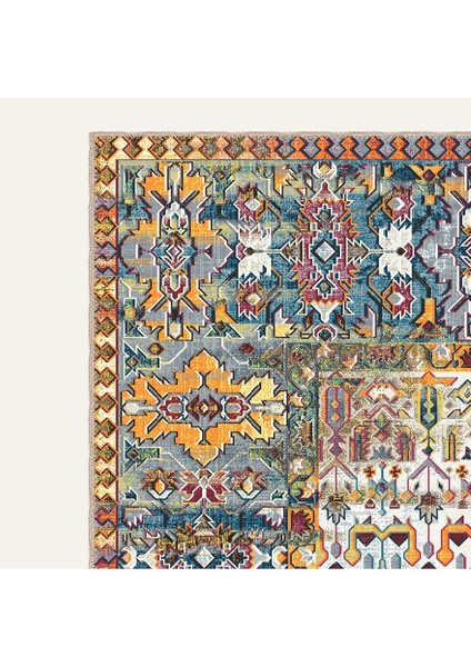Vintage Halı Modern Motifli Turuncu Mavi Bej Kilim Desenli Dijital Şönil Halı modelleri