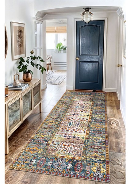 Vintage Halı Modern Motifli Turuncu Mavi Bej Kilim Desenli Dijital Şönil Halı fırsatları