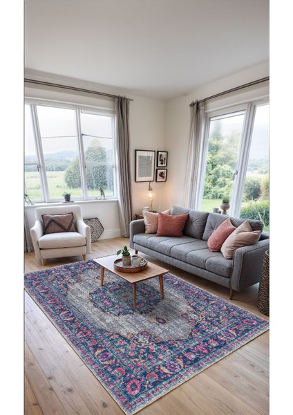 Mavi ve Pembe Çiçek Motifli Dijital Şönil Halı - Kaymaz Taban, Vintage Stil