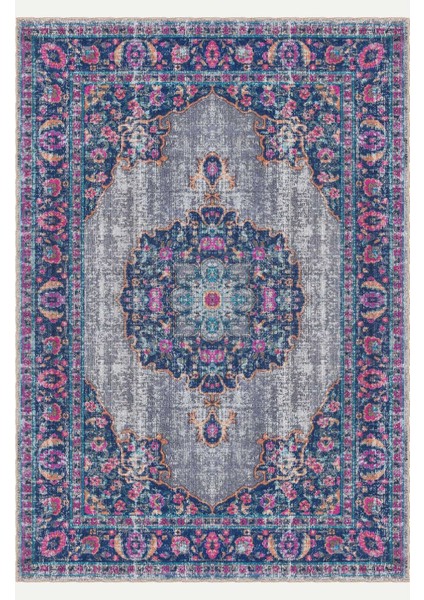 Mavi ve Pembe Çiçek Motifli Dijital Şönil Halı - Kaymaz Taban, Vintage Stil fiyatları
