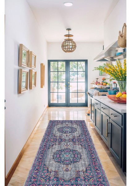 Mavi ve Pembe Çiçek Motifli Dijital Şönil Halı - Kaymaz Taban, Vintage Stil fırsatları