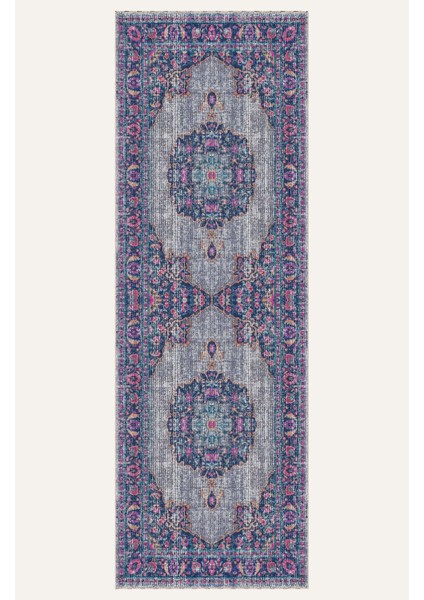Mavi ve Pembe Çiçek Motifli Dijital Şönil Halı - Kaymaz Taban, Vintage Stil indirimleri