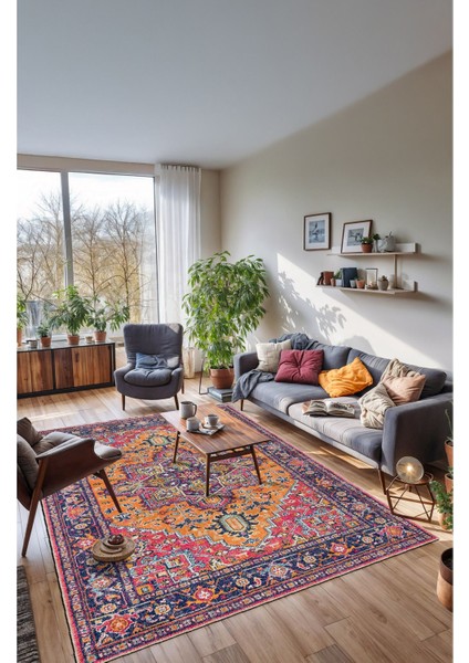 Vintage Halı Göbekli Çiçek Motifli Turuncu ve Pembe Klasik Dijital Şönil Halı