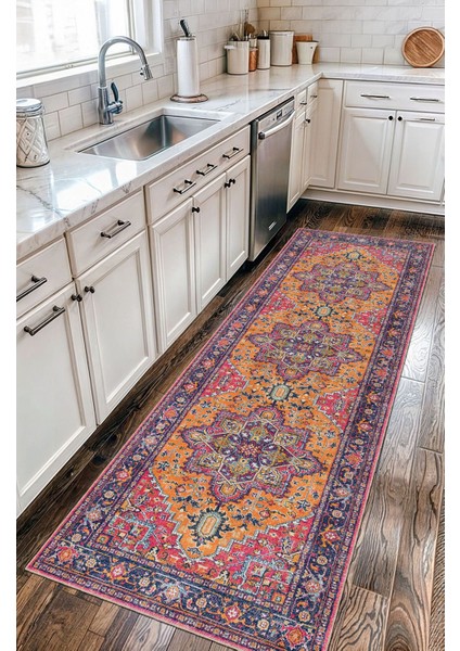 Vintage Halı Göbekli Çiçek Motifli Turuncu ve Pembe Klasik Dijital Şönil Halı fırsatları