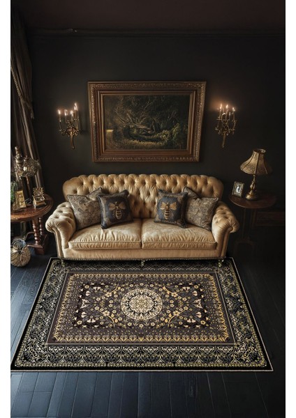 Vintage Halı Modern Motifli Antrasit Yeşil ve Bej Göbek Desenli Dijital Şönil Halı