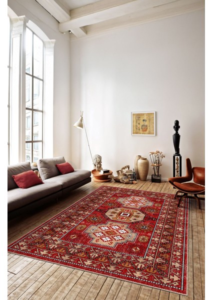 Vintage Kırmızı ve Bej Kafkas Tarzı Anadolu Halısı Dijital Şönil Halı