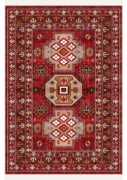 Vintage Kırmızı ve Bej Kafkas Tarzı Anadolu Halısı Dijital Şönil Halı fiyatları