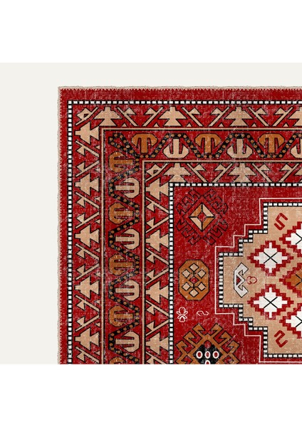 Vintage Kırmızı ve Bej Kafkas Tarzı Anadolu Halısı Dijital Şönil Halı modelleri