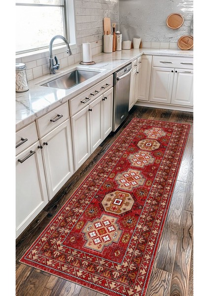 Vintage Kırmızı ve Bej Kafkas Tarzı Anadolu Halısı Dijital Şönil Halı fırsatları