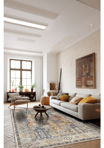 Vintage Halı Modern Motifli Bej ve Mavi Kilim Desenli Dijital Şönil Halı