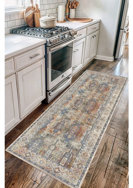 Vintage Halı Modern Motifli Bej ve Mavi Kilim Desenli Dijital Şönil Halı fırsatları