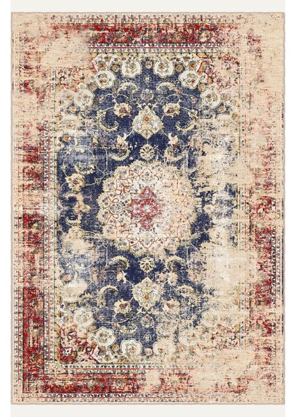 Lacivert ve Krem Tonlarında Floral Motifli Vintage Dijital Şönil Halı fiyatları