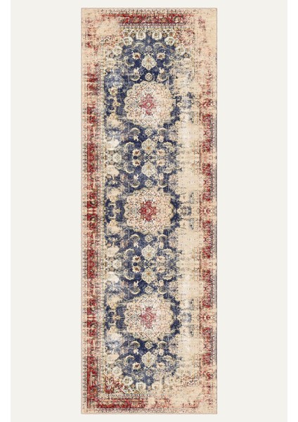 Lacivert ve Krem Tonlarında Floral Motifli Vintage Dijital Şönil Halı fırsatları