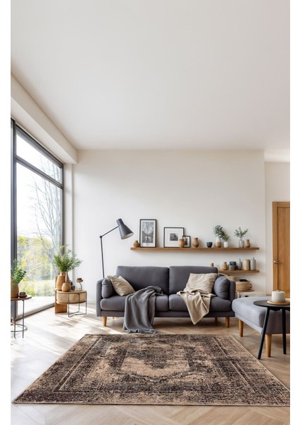 Vintage Halı Modern Motifli Kahverengi ve Antrasit Klasik Desenli Dijital Şönil Halı