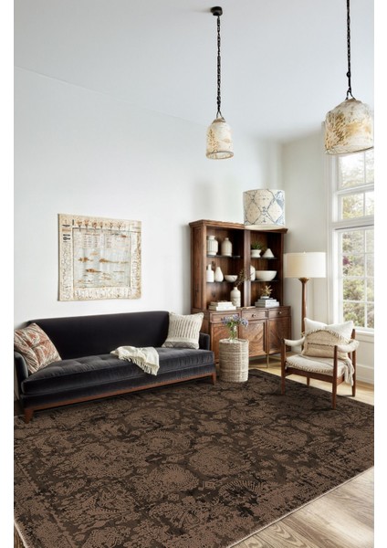 Vintage Halı Modern Motifli Kahverengi Kilim Desenli Dijital Şönil Halı
