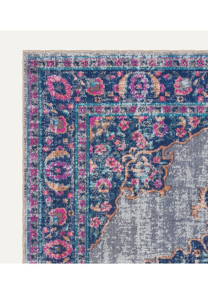 Mavi ve Pembe Çiçek Motifli Dijital Şönil Halı - Kaymaz Taban, Vintage Stil modelleri